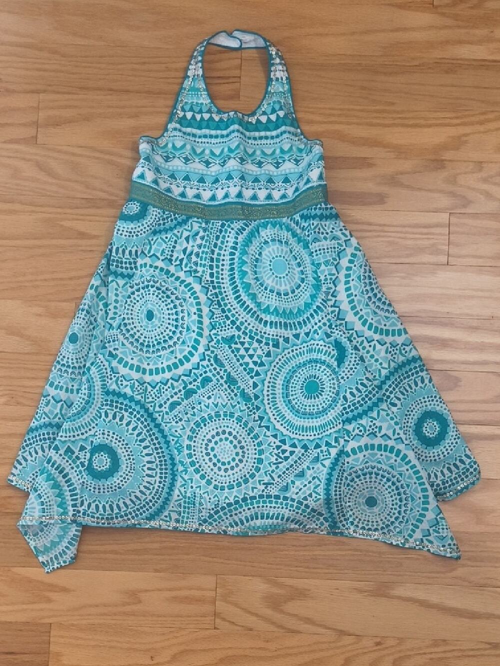 Monsoon Teal & White Sequin Halter Print Dress Size 8 GU